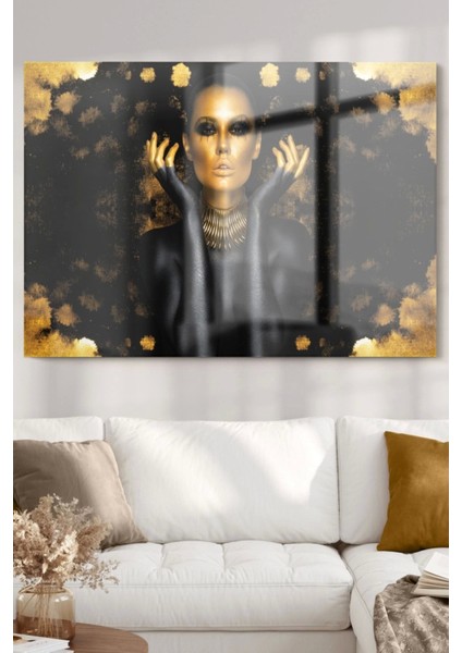 Gold Detaylı Siyahi Kadın | Etnik Temalı Cam Tablo | 50 x 70 cm fiyatları