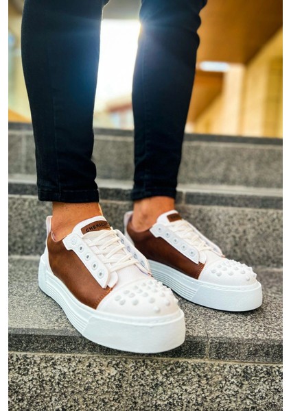 SHO169 Bağcıklı Gotik Çivili Metal Cbt Thorn Erkek Ayakkabı Beyaz/taba fiyatları