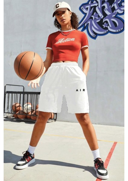 Kadın Rahat Kalıp Beli Lastikli Cepli Basklı Şort SPR25SRK52