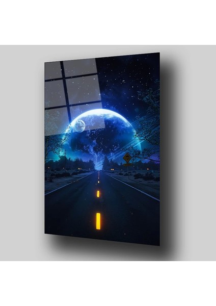 Gece Ay ve Yol Temalı Sanatsal Cam Tablo fiyatları