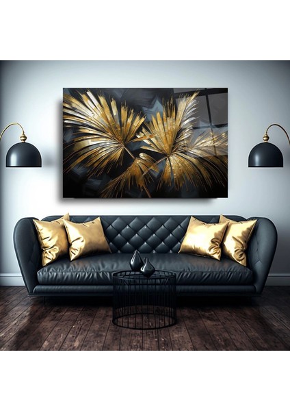 Kristal Gold Yaprak Desenli Sanatsal Cam Tablo