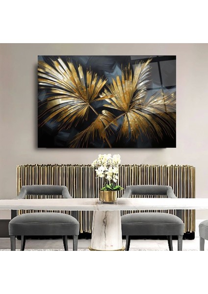 Kristal Gold Yaprak Desenli Sanatsal Cam Tablo modelleri