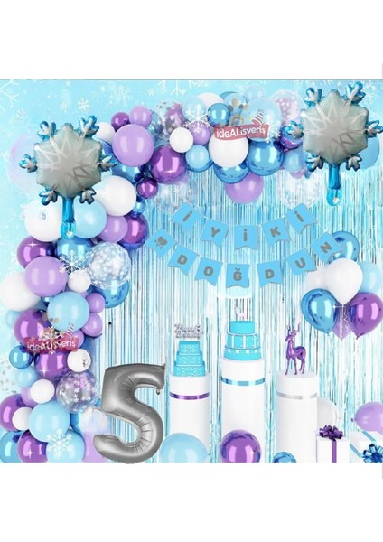 Kız Çocukları Için Lüks 5 Yaş Frozen Elsa Temalı Kar Tanesi Folyolu Doğum Günü Parti Seti Süsü