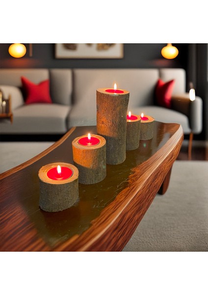 5'li Tealight Mumluk Seti, Doğal Kütük, El Yapımı Ahşap, Rustik Modern Dekor Bohem & Iskandinav Tarz