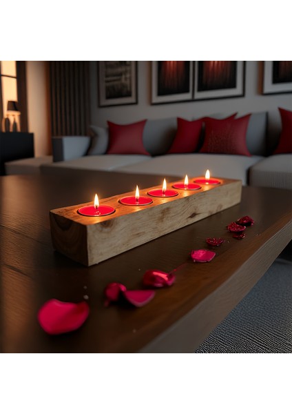Mumlar Dahil, Mumluk Dekoratif Masif Ahşap 5'li Tealight Mumluk | El Yapımı, Bohem & Iskandinav Tarz