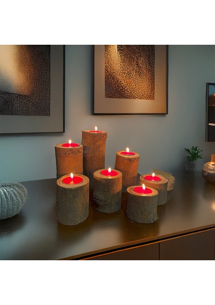 7'li Tealight Mumluk Seti, Doğal Kütük, El Yapımı Ahşap, Rustik Modern Dekor Bohem & Iskandinav Tarz