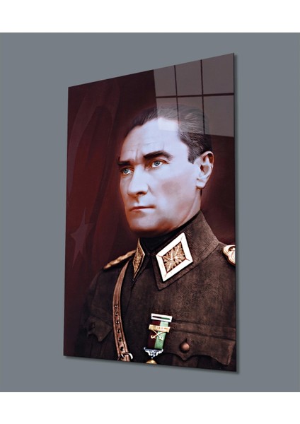Üniformalı Asker Atatürk Cam Tablo, Uv Baskılı ve Temperli, Hediyelik