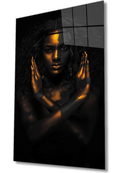 Altın ve Siyah Renkte Afrikalı Kadın Cam Tablo, Ev ve Ofis Duvar Dekoru, Hediyelik Dayanıklı Cam