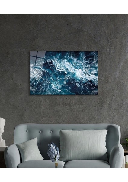 Mavi Deniz Dalgası Soyut Cam Tablo, Ev ve Ofis Duvar Dekoru, Hediyelik Büyük Temperli 4 mm Cam Tablo