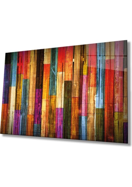Renkli Ahşaplar Cam Tablo, Ev ve Ofis Duvar Dekoru Hediyelik Büyük Tablo Dayanıklı Cam