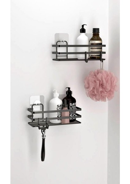 Banyo Düzenleyici Yapışkanlı Metal Banyo Rafı İkili Duş Rafı Organizer Şampuanlık Mat Siyah-GNRL282