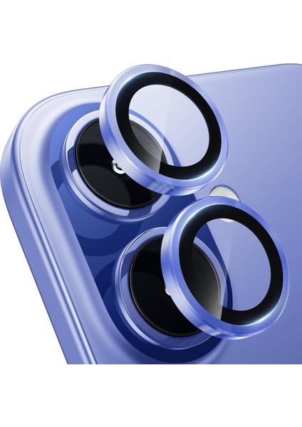Caseworld Apple iPhone 16 Alüminyum Alaşım Temperli Cam Kamera Lens Koruyucu - Mavi