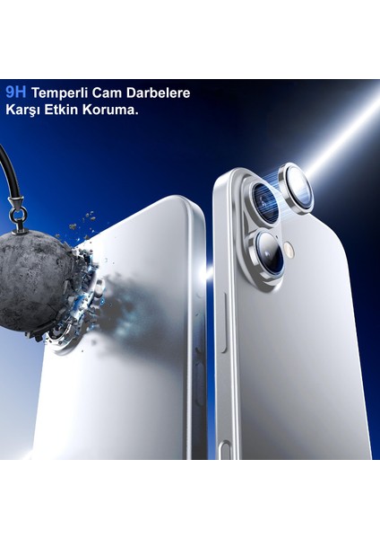 Caseworld Apple iPhone 16 Alüminyum Alaşım Temperli Cam Kamera Lens Koruyucu - Mavi modelleri