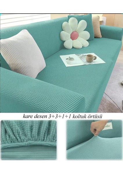 Streç Lastikli Esnek Yikanabilir Kare Desen Berjer Kotuk Örtüsü Takımı (3+3+1+1) Koltuk Kılıfı