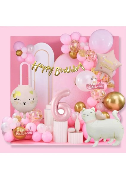 Yıldız ve Kedi Folyo Pembe 6 Yaş Folyo Balonlu Iyi Ki Doğdun Yazılı Pembe Gold Doğum Günü Parti Seti