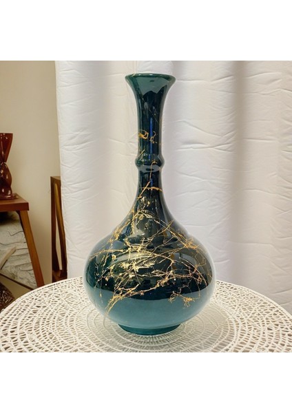 30 cm Çini Gözyaşı Vazo-Zümrüt Yeşil/siyah-Mermer Desenli El Yapı