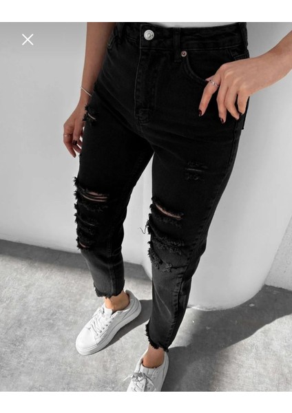 Premium Yırtık Siyah Mom Jeans modelleri