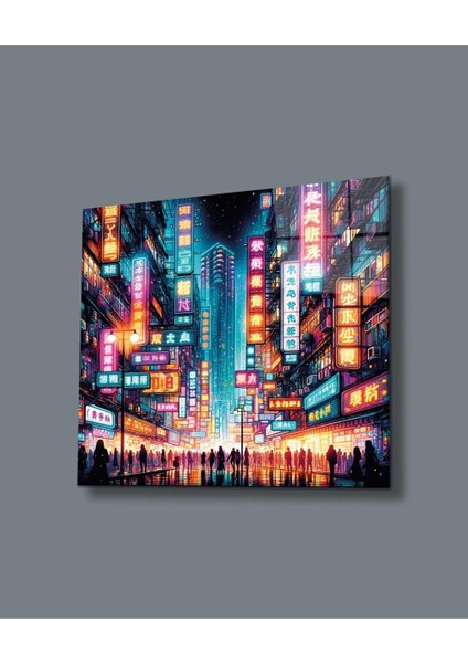 Neon Şehir Gece Yansımaları Cam Tablo Hediyelik Büyük Tablo Ev Ofis Dekoru