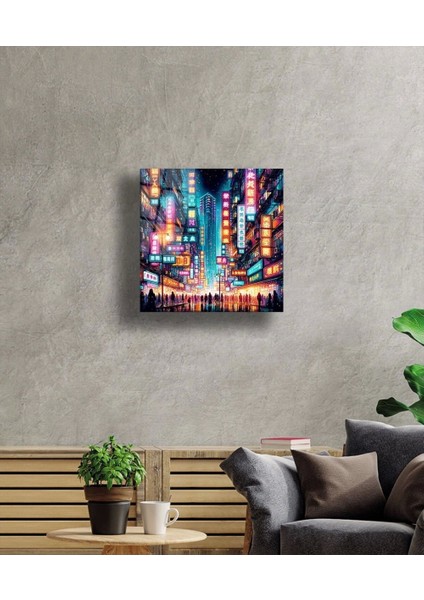 Neon Şehir Gece Yansımaları Cam Tablo Hediyelik Büyük Tablo Ev Ofis Dekoru modelleri