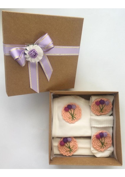 Hoşgeldin Bebek, Yenidoğan Kız Bebek, El Örgüsü Motifli Önlük Çorap Bandana Hediye Seti