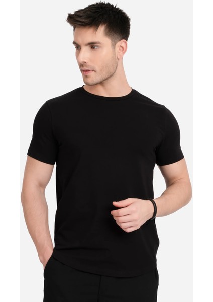 Ad Erkek Siyah Pamuk Regular Fit Oval Kesim Bisiklet Yaka Basic Tişört