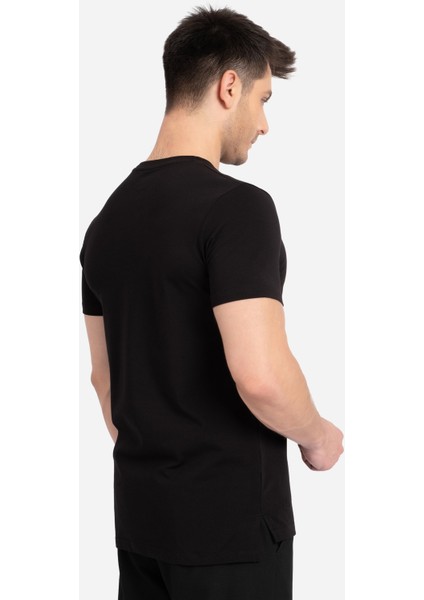 Ed Erkek Siyah Basic Pamuk Regular Fit Yırtmaçlı Kesim Bisiklet Yaka Basic Tişört