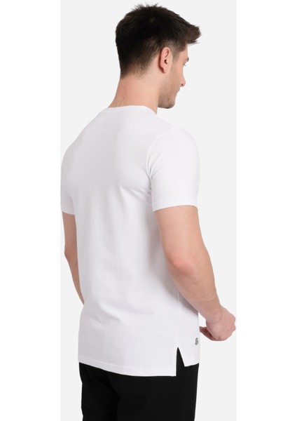 Ed Erkek Beyaz Basic Pamuk Regular Fit Yırtmaçlı Kesim Bisiklet Yaka Basic Tişört