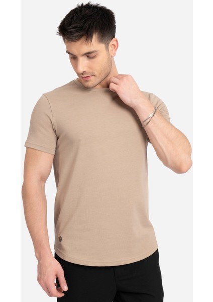 Ad Erkek Kahverengi %100 Pamuk Regular Fit Oval Kesim Bisiklet Yaka Basic Tişört