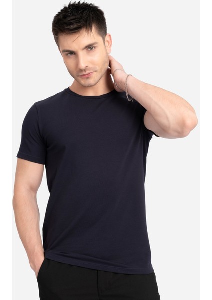 Ed Erkek Lacivert Basic Pamuk Regular Fit Yırtmaçlı Kesim Bisiklet Yaka Basic Tişört