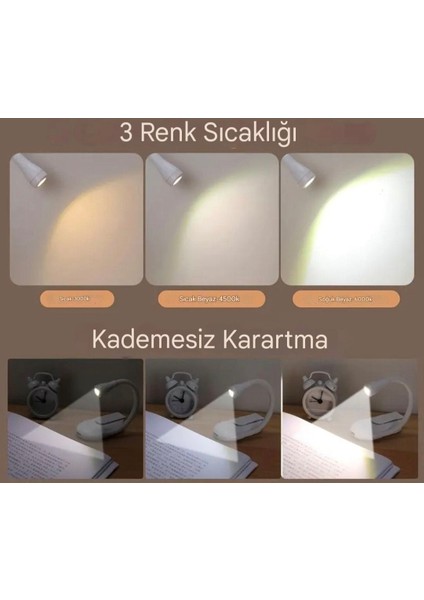 Kitap Okuma Işığı 3 Işık Renk Modlu/Şarj Edilebilir/Ayarlanabilir Parlaklık Seviyesi CE Lisanslı