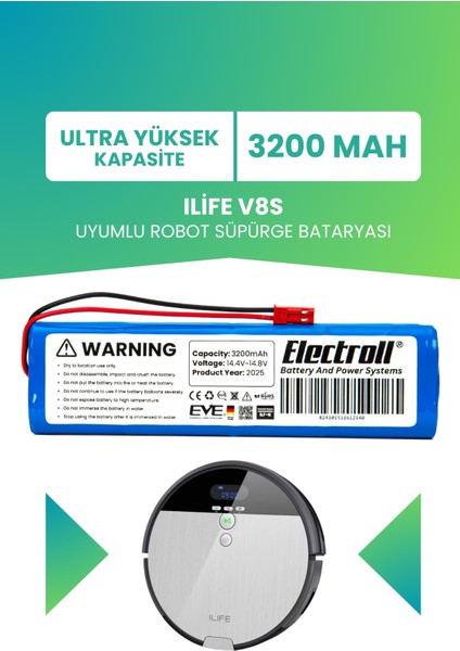 Ilife V8s Uyumlu Batarya (ULTRA YÜKSEK KAPASİTE) 3200mah Pil Robot Süpürge Bataryası Değişimi