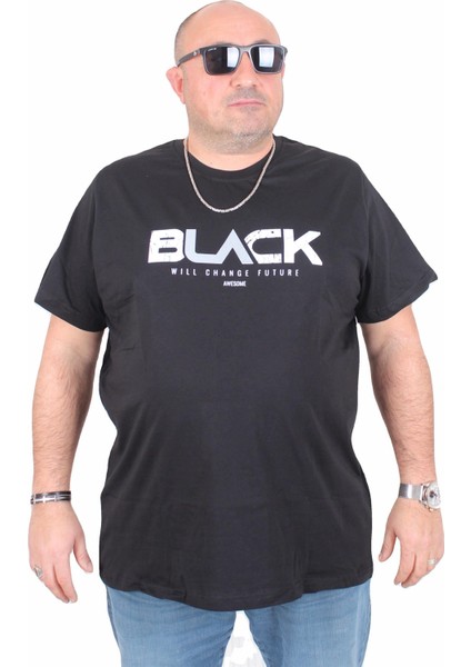 Erkek Büyük Beden Sıfır Yaka Tişört Black 25176 Sıyah