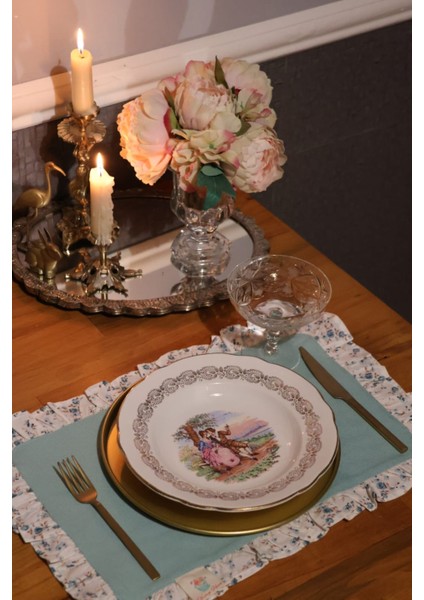 Amerikan Servis vintage çiçekli fırfırlı mavi 2ADET