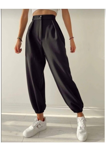 Milano Stylng Kadın Siyah Maskülen Paça Lastikli Jogger Pantolon