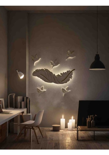 Tüy Aplik Ledli Pilli Dekoratif Duvar Aydınlatma - Şık Ve Modern Tasarım -(83 x 30 cm )