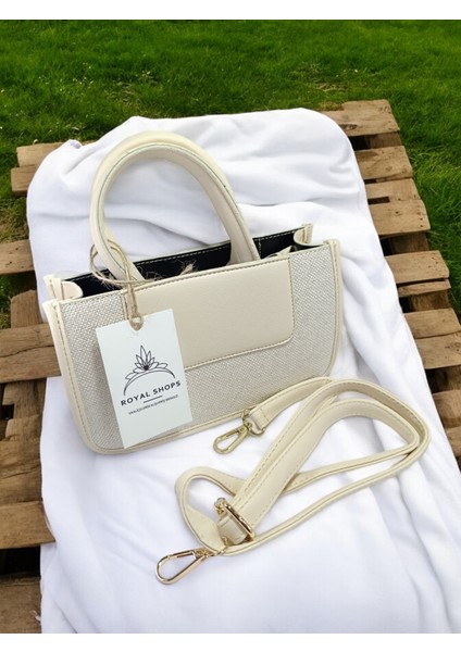 Keten Kanvas Kumaş ve Deri Detaylı Kare El ve Omuz Çantası Günlük Parti Gezi Çantası