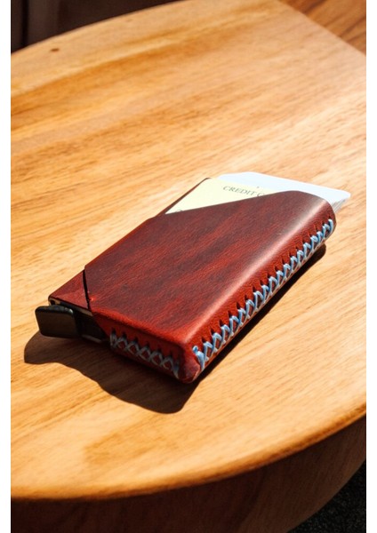 Mekanizmalı Kartlık Gerçek Deri Otomatik Mekanizmalı 7-11 Kart Kapasiteli Kartlık El Dikişli Kırmızı