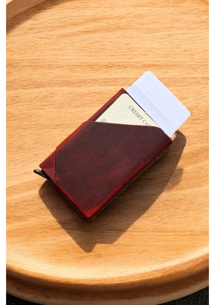 Mekanizmalı Kartlık Gerçek Deri Otomatik Mekanizmalı 7-11 Kart Kapasiteli Kartlık El Dikişli Kırmızı fiyatları