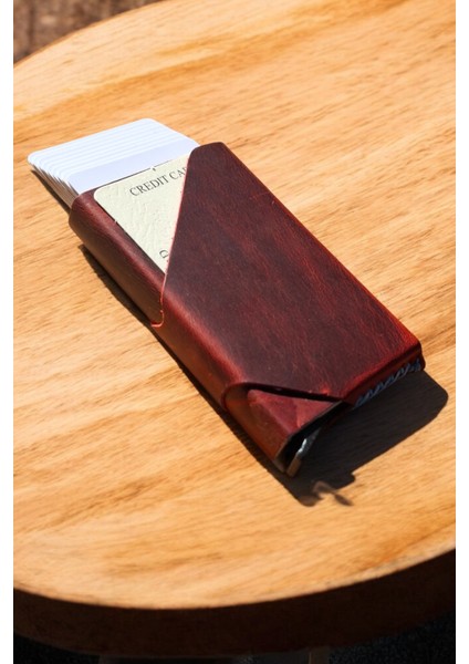 Mekanizmalı Kartlık Gerçek Deri Otomatik Mekanizmalı 7-11 Kart Kapasiteli Kartlık El Dikişli Kırmızı modelleri