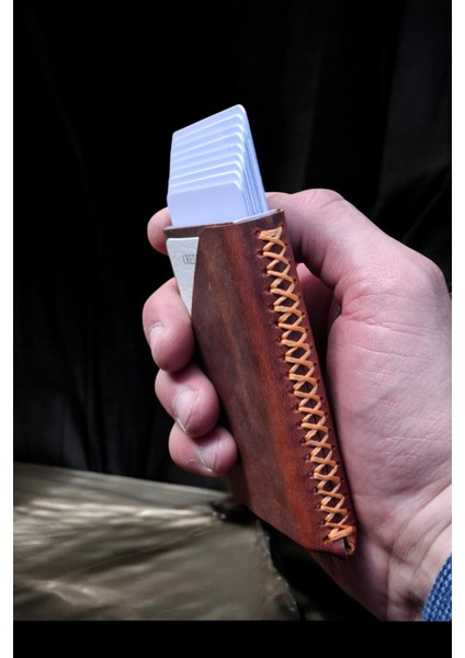 Mekanizmalı Kartlık Gerçek Deri Otomatik Mekanizmalı 7-11 Kart Kapasiteli Kartlık El Dikişli Turuncu