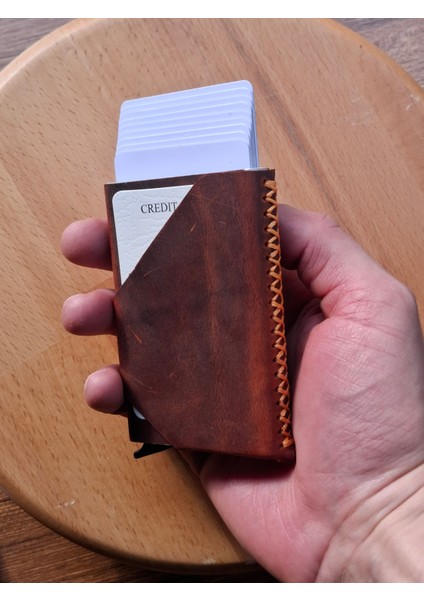 Mekanizmalı Kartlık Gerçek Deri Otomatik Mekanizmalı 7-11 Kart Kapasiteli Kartlık El Dikişli Turuncu modelleri