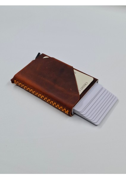 Mekanizmalı Kartlık Gerçek Deri Otomatik Mekanizmalı 7-11 Kart Kapasiteli Kartlık El Dikişli Turuncu fırsatları