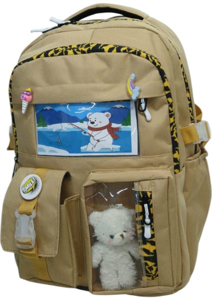 Kore Tarzı 2 Ana Bölmeli Okul Çantası LaptopBölmeli Aksesuarlı Kız Çocuk,Erkek Çoçuk Sırt Çantası 40*30*18 cm Bej Hardal fırsatları