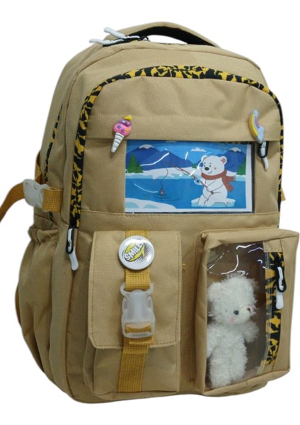 Kore Tarzı 2 Ana Bölmeli Okul Çantası LaptopBölmeli Aksesuarlı Kız Çocuk,Erkek Çoçuk Sırt Çantası 40*30*18 cm Bej Hardal