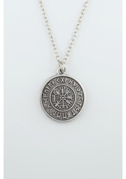 Viking Pusulası Vegvisir Zincir Kolye - Gümüş Kaplama - Erkek Kadın Kolye - Kod:386