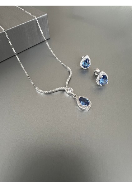 925 Ayar Gümüş Damla Model Gümüş Tanzanit Set