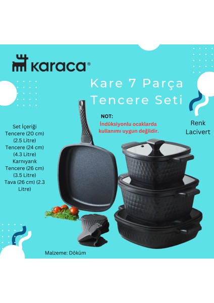 Maksimum Yanmaz Yapışmazlık Sağlayan Iç Kaplama Döküm Kare 7 Parça Tencere Seti