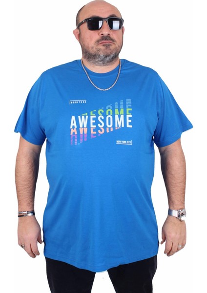 Erkek Büyük Beden Sıfır Yaka Tişört Awesome 25164 Saks