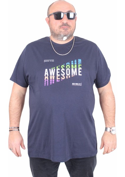 Erkek Büyük Beden Sıfır Yaka Tişört Awesome 25164 Lacıvert