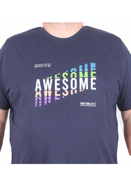 Erkek Büyük Beden Sıfır Yaka Tişört Awesome 25164 Lacıvert fiyatları